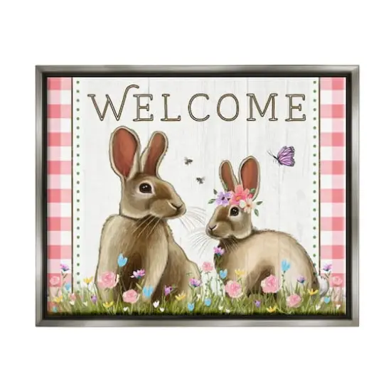 Stupell Industries Welcome Plaid Spring Garden Rabbits Floater Framed Art Gray {1}