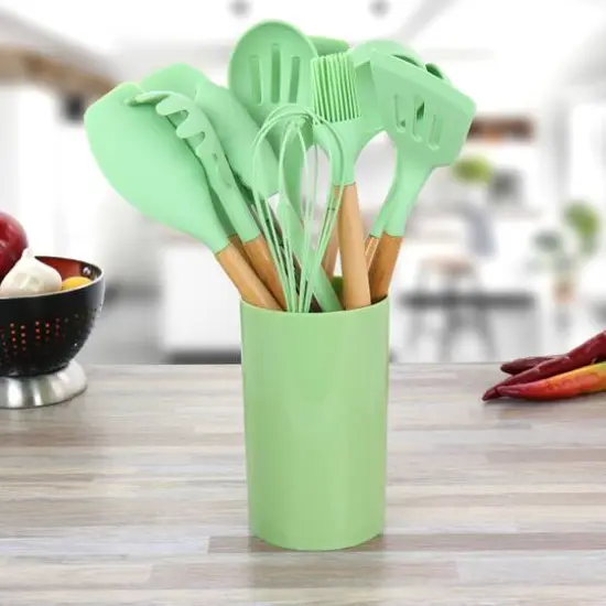 MegaChef Mint Green Silicone & Wood Cooking Utensils Set, 12ct. {7}