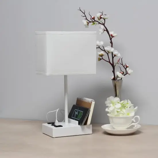 Simple Designs 15.3" Table Lamp with 2 USB Ports & Charging Outlet White Base/White Shade {6}