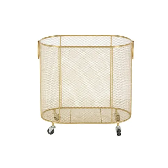 21" Metal Oval Mesh Wire Rolling Laundry Storage Cart with Ring Handles Gold {4}