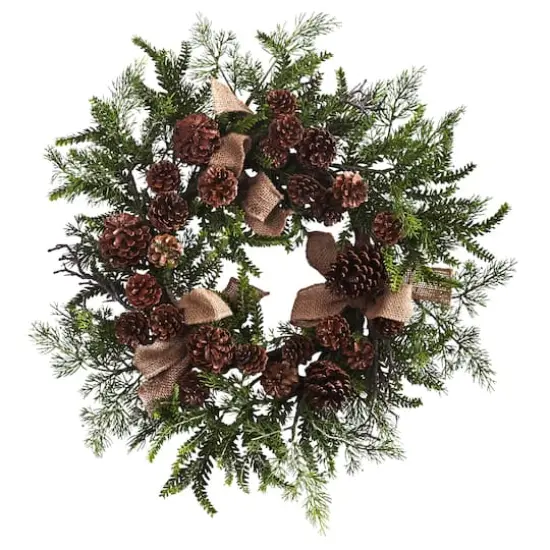24" Pine & Pinecone Wreath with Burlap Bows {1}