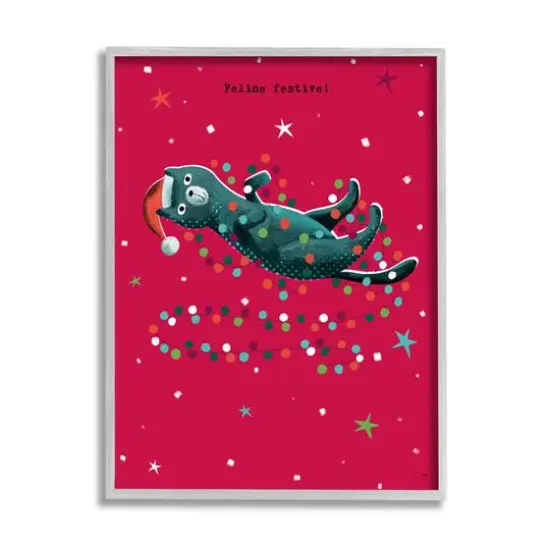 Stupell Industries Feline Festive Christmas Cat Black Framed Giclee Art Gray {1}