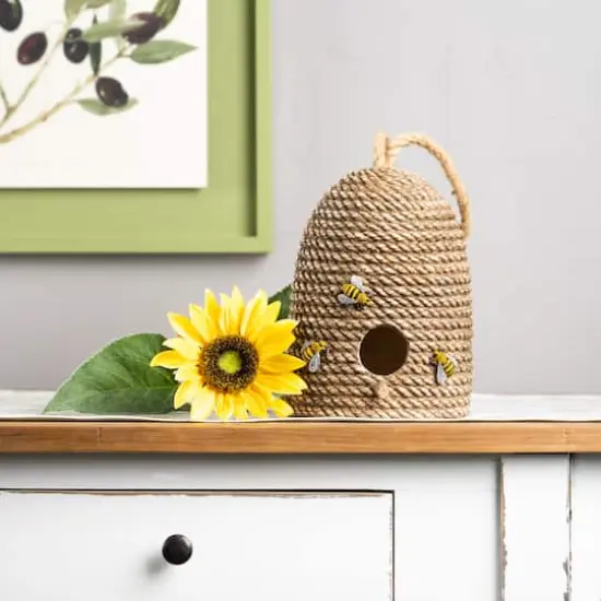 8.5" Hanging Bee Hive Bird House with Rope Accent {3}