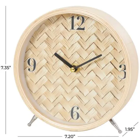 7" Light Brown Wood Woven Chevron Patterned Clock with Silver Legs {10}