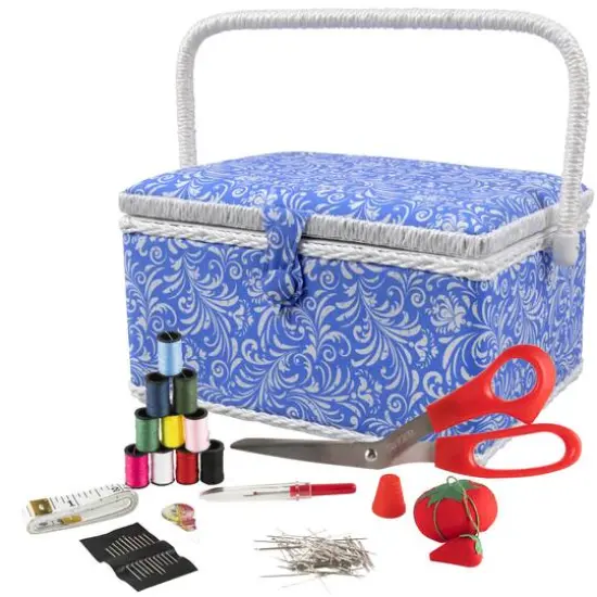 SINGER&reg; Large Blue Deliah Scroll Print Sewing Basket with Sewing Scissors & Notions {1}