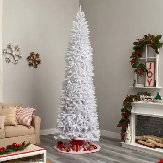 10ft. Pre-Lit Slim White Artificial Christmas Tree, Warm White LED Lights {11}