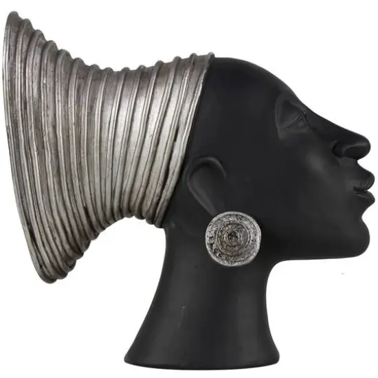 9" Black & Silver Finish Africa Inspired Woman Face Sculpture {6}