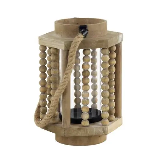 11" Light Brown Recycled Wood Candle Holder Lantern {4}