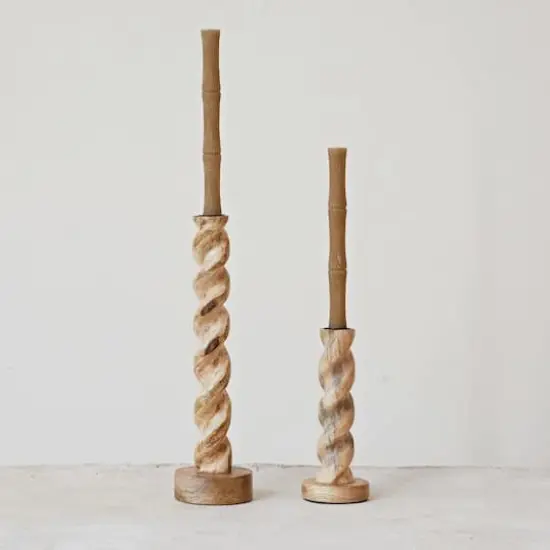 Hello Honey&reg; 14" Tall Natural Hand-Carved Mango Wood Twisted Taper Candle Holder {3}