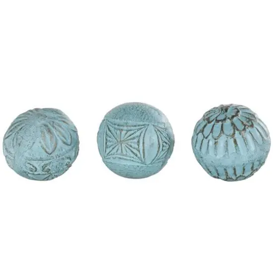 4" Blue Paper Mache Carved Decorative Ball Orbs Set {1}