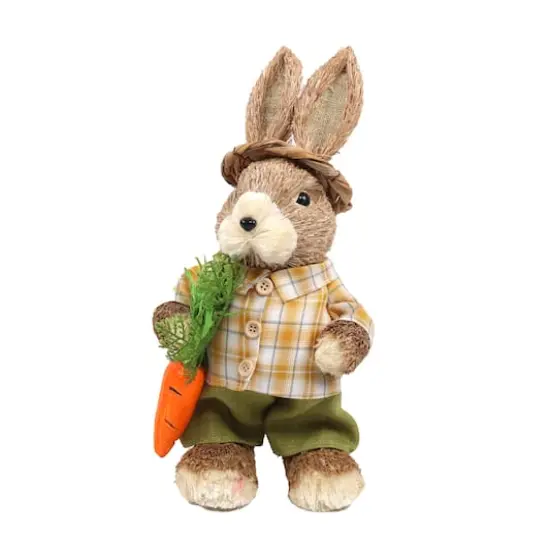 14" Brown & Yellow Rustic Boy Rabbit with Carrot Standing Easter Figure {1}
