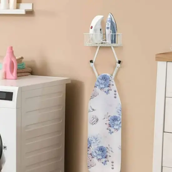 NEX&trade; White Wall-Mounted Y-Leg Ironing Board Hanger with Storage Basket {6}