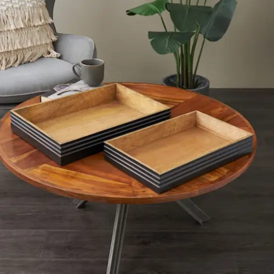 Brown Mango Wood Handmade Tray Set with Black Groove Exterior {9}