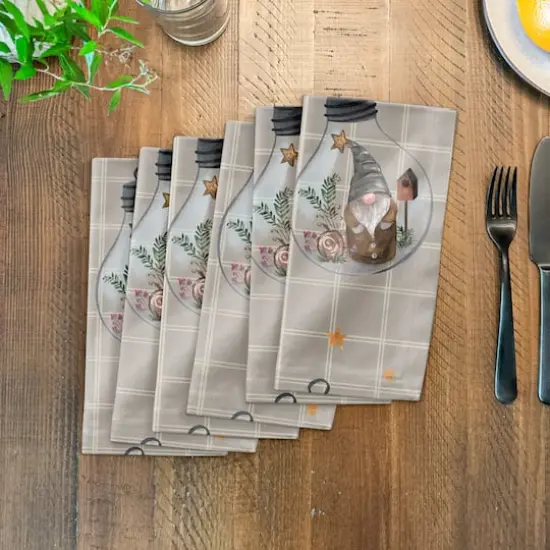 Gray & White Check Gnome Globe Pattern Cotton Twill Napkin {4}
