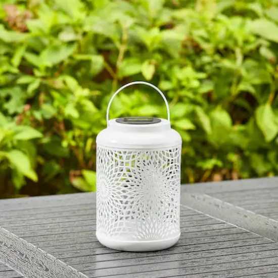 Glitzhome&reg; 9" Cutout Metal Solar Powered Outdoor Hanging Lantern White {4}