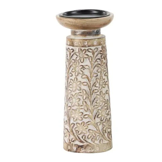 Brown & White Mango Wood Floral Candle Holder Set {5}