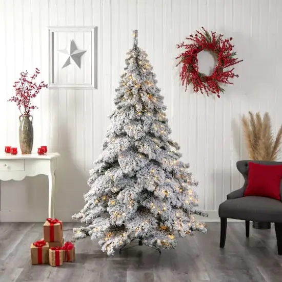 7ft. Pre-Lit Flocked Austria Fir Artificial Christmas Tree, White LED Lights {8}