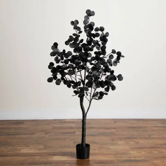 5ft. Pre-Lit Artificial Halloween Black Eucalyptus Tree with 220 Orange & Purple LED Lights {7}