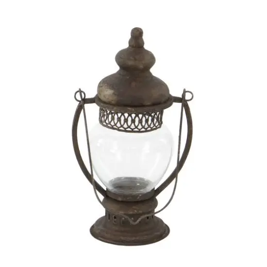14" Brown Iron Rustic Candle Holder Lantern {5}