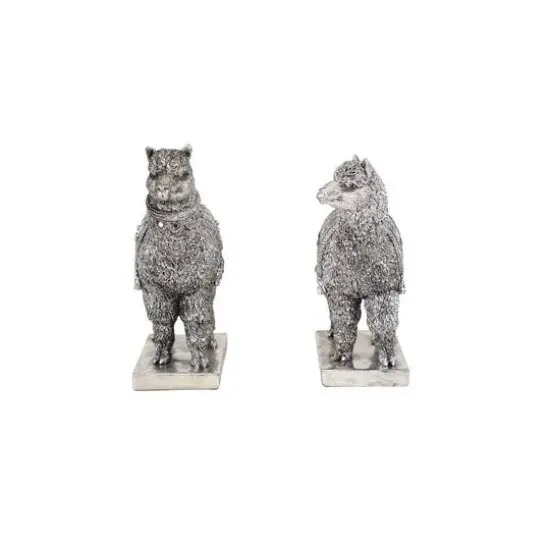 Set of 2 Silver Resin Eclectic Llama Sculpture, 10", 9" {9}