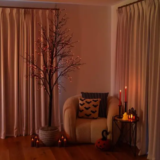 8ft. Pre-Lit Halloween Deluxe Black Twig Artificial Tree with 216 Orange & Purple LED Lights {13}