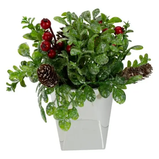 8" Green & Silver Potted Artificial Boxwood with Berries Christmas Arrangement {4}