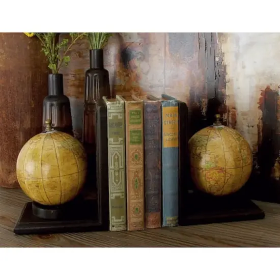 8" Rustic Brown Wood Globe Bookends {3}