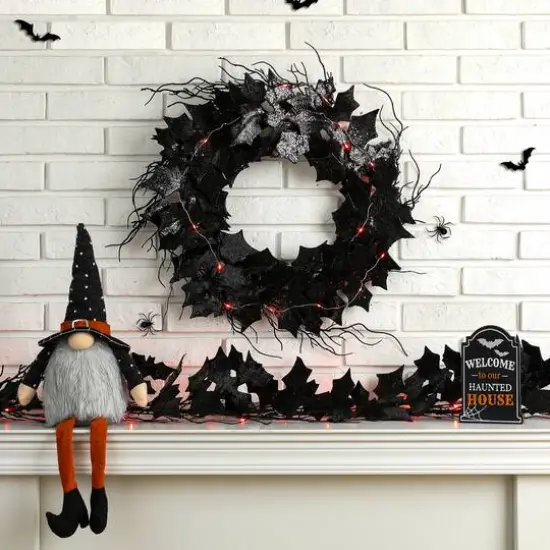 Glitzhome&reg; Lighted Halloween Bat Garland & Wreath Set {4}