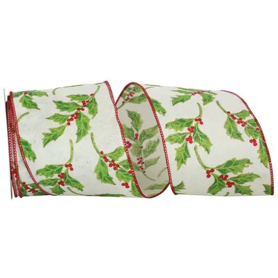 JAM Paper 4" x 10yd. Green & Red Glitter Holly Berry Exquisite Wired Ribbon {1}