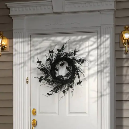 24" Halloween Black Fern & Bats Wreath {3}
