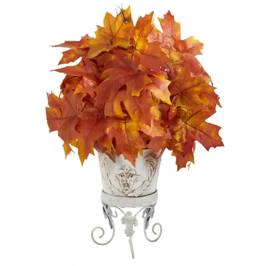 20" Orange Autumn Maple Leaf Plant in Metal Planter {1}