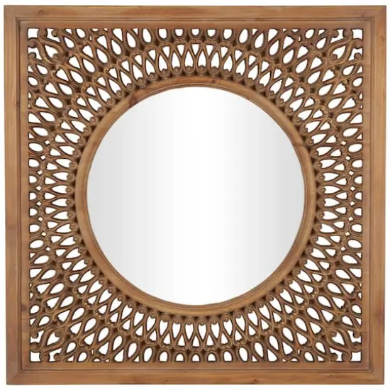 40" Brown Wood Framed Wall Mirror with Carved Scroll Pattern {1}