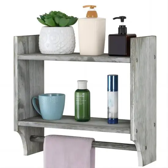 2-Tier Wood Wall Mounted Bathroom Shelf with Towel Rack Olive Green {1}