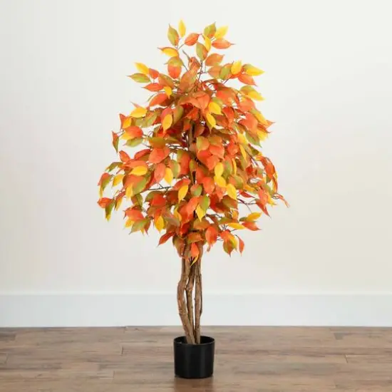 3ft. Orange & Yellow Autumn Ficus Artificial Potted Tree {7}
