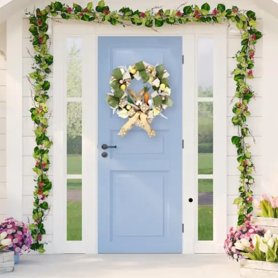 22" Green & Beige Bunny & Bows Floral Easter Wreath {3}