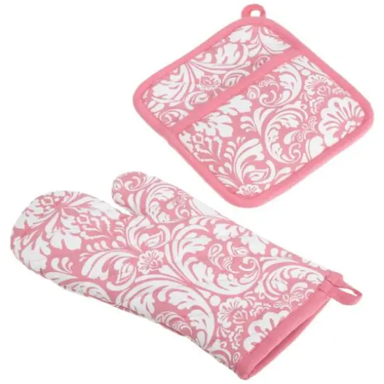 DII&reg; Damask Oven Mitt & Potholder Set Pink {1}