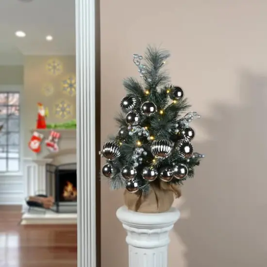 2ft. Pre-Lit Frosted Silver Pine Artificial Christmas Tree, Warm White LED Lights {3}