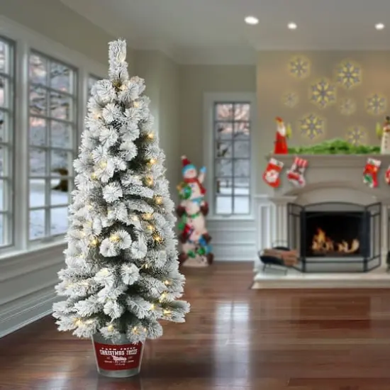 5ft. Pre-Lit Snowy Pogue Pine Entrance Artificial Christmas Tree in Red Base, Warm White LED Lights {3}