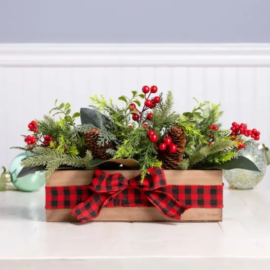 17" Christmas Classic Cypress, Pinecone & Berry Centerpiece in Wood Planter with Red Buffalo Check Bow {3}