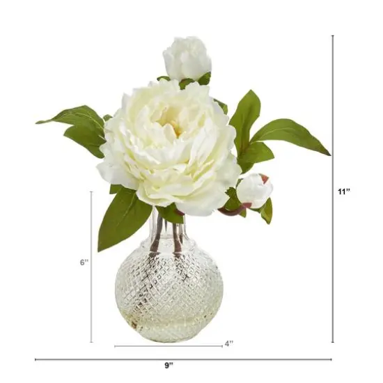 11" White Peony Arrangement in Clear Vase {3}