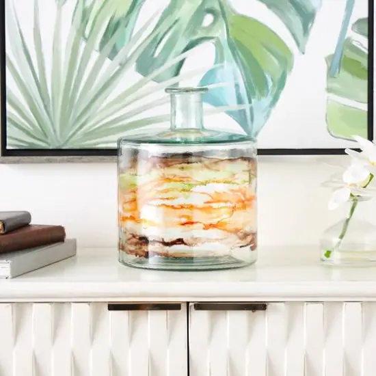 10" Clear & Brown Swirl Abstract Spanish Bottle Recycled Glass Vase {10}