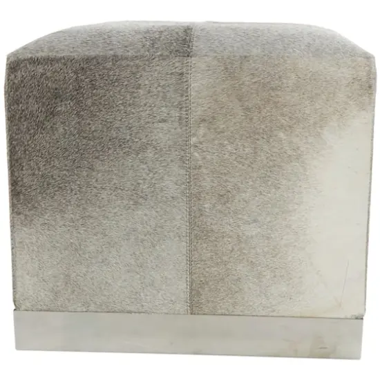 17" Gray Leather Patchwork Pouf with Silver Metal Base {9}