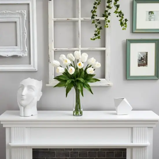 23" Artificial Tulip Arrangement with Cylinder Glass Vase White {5}