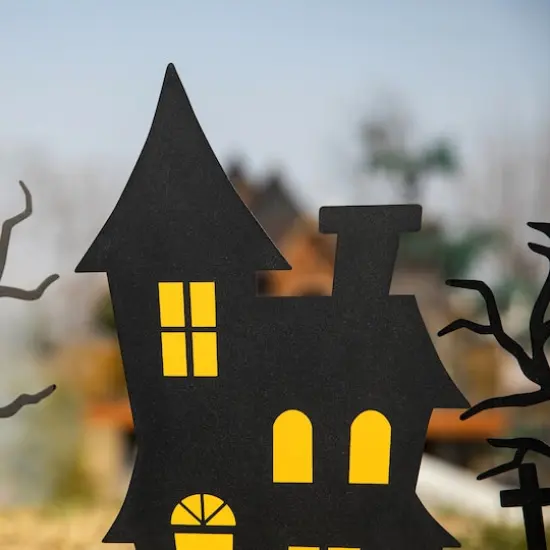 Glitzhome&reg; 2ft. Halloween Metal Silhouette Haunted House and Ghost Tree Yard Stake Set {7}