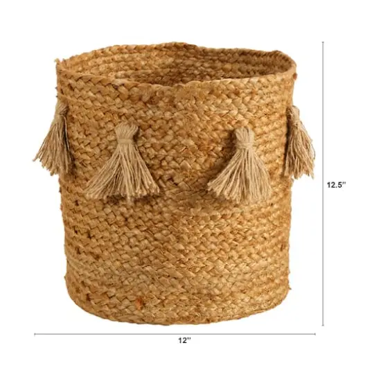 12.5'' Natural Hand-Woven Jute Boho Chic Basket Planter with Tassels {4}