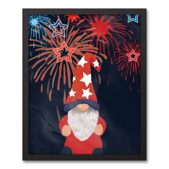 Gnome With Fireworks Black Framed Canvas {1}