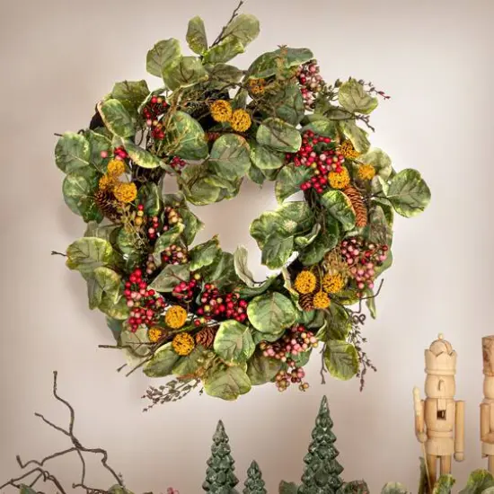 Hello Honey® 24" Green & Red Faux Zanzibar Leaf Wreath with Berries {4}