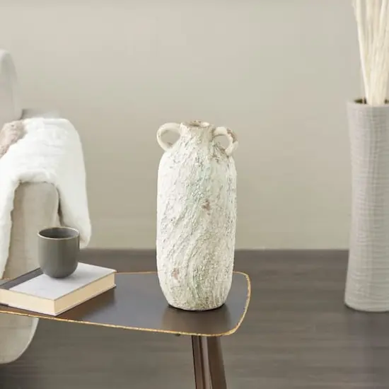 15.5" Cream Magnesium Oxide Antique Textured Amphora Decorative Vase with 2 Small Handles {3}