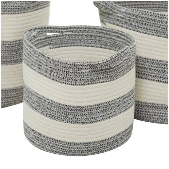 Gray Cotton Handmade Striped Storage Basket with Handles Set of 3 14", 12", 10" {4}