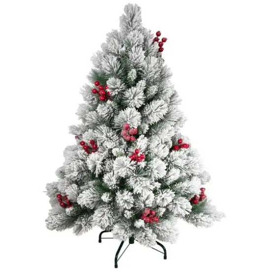 4.5ft. Unlit Flocked Fairfield Fir Full Artificial Christmas Tree with Red Berries {1}